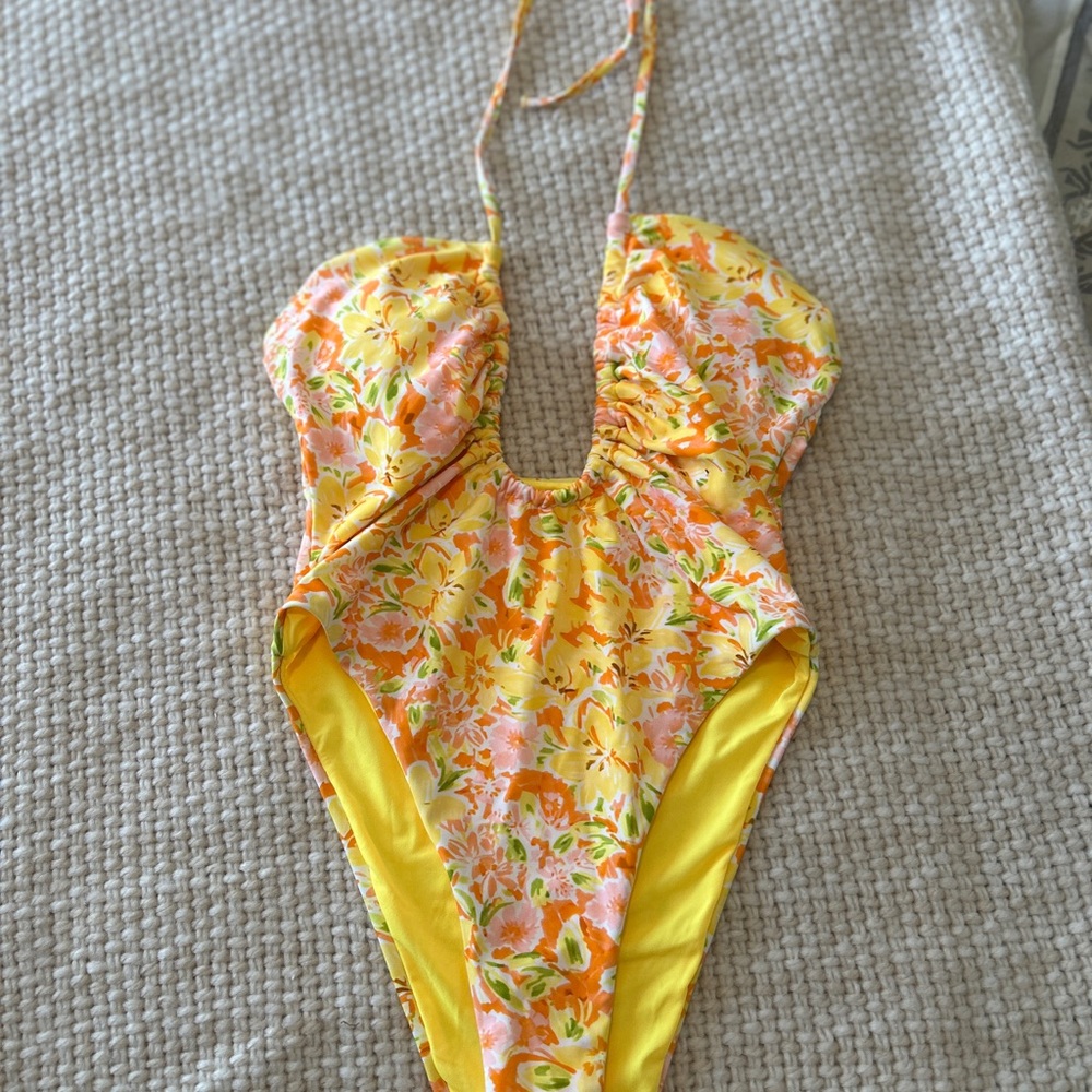 Ultra-High Waisted Yellow Floral One-Piece Halter Swimsuit